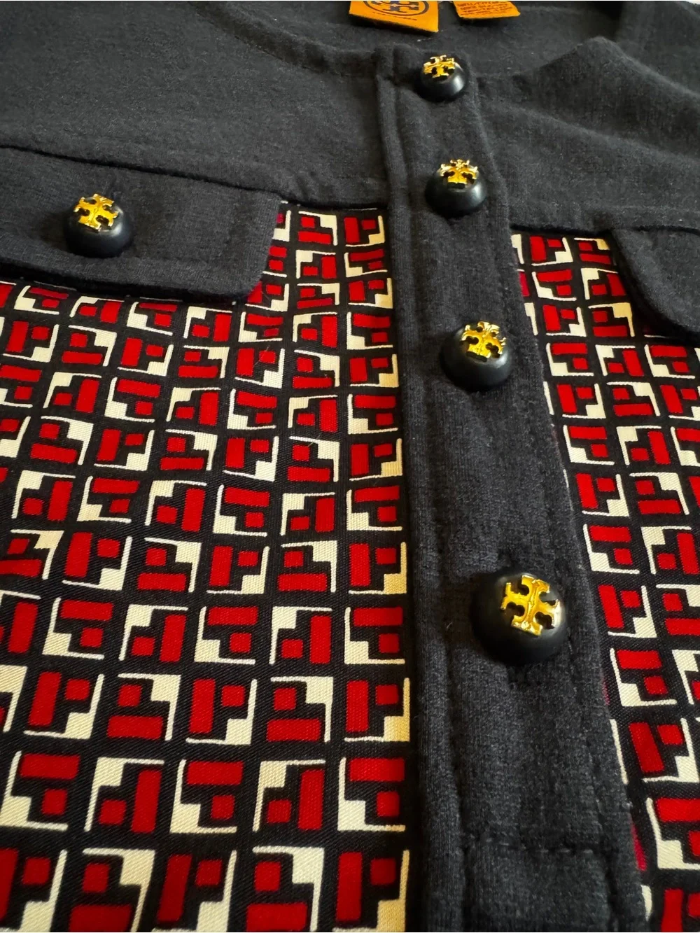 Tory Burch Knit Shift Dress M Sleeveless Geometric Navy Red White Pockets size M